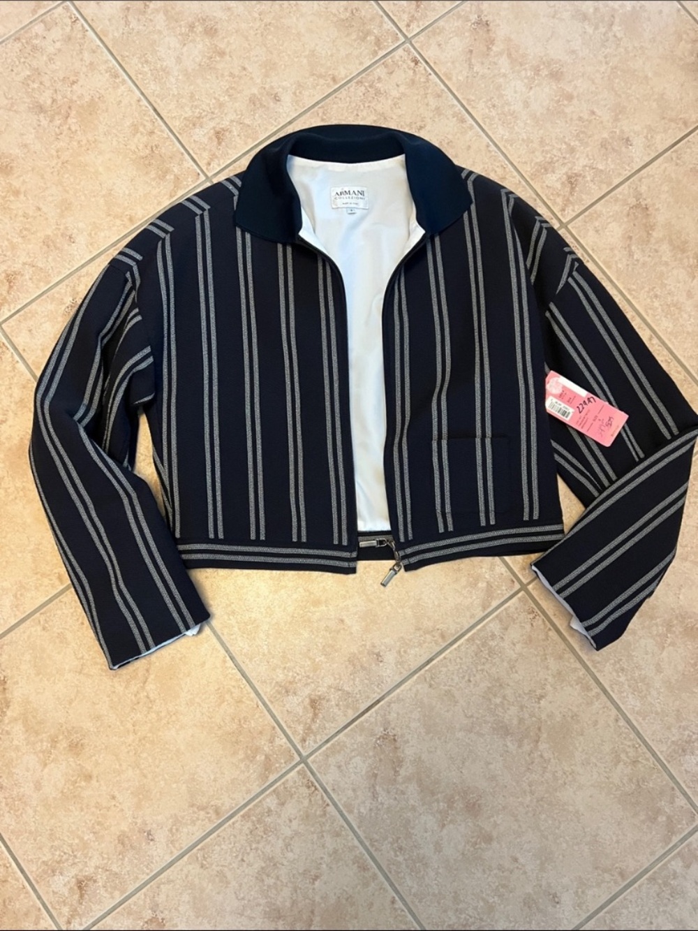 Armani Collezioni Navy Striped Zip-Front Blazer Jacket